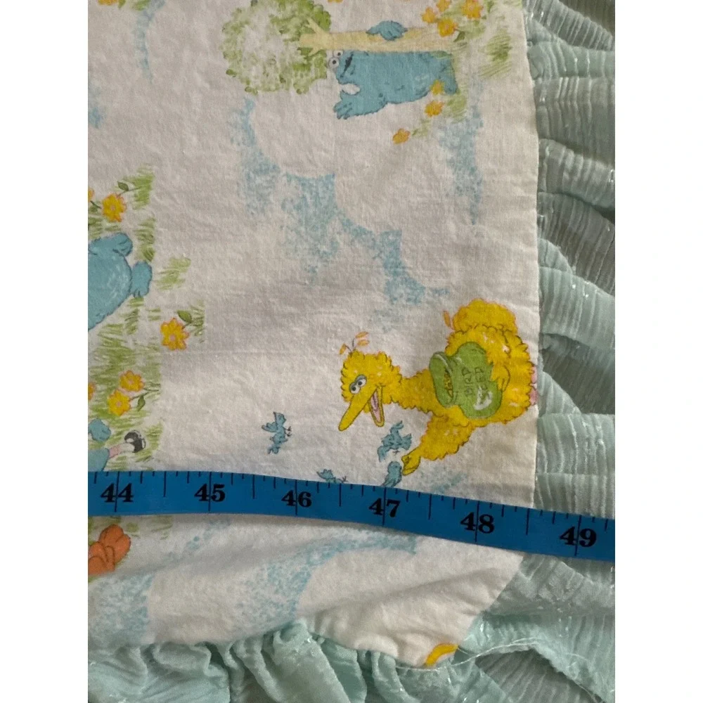 Vintage Sesame Street Muppets Baby Blanket Big Bird Cookie Monster Blue Ruffle